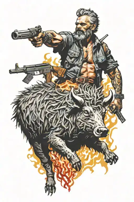 man that has hair on fire, holding gun, riding a collared peccary with crucifix in background tattoo design idea