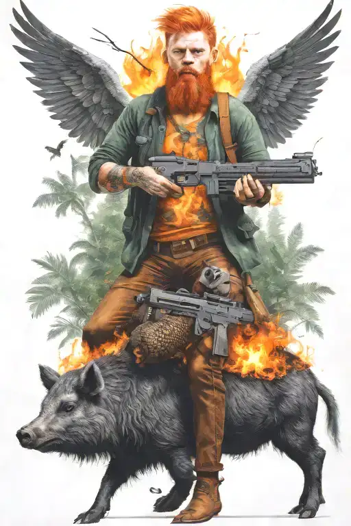 man with backwards feet and orange hair that is on fire riding a collared peccary and holding a gun in forest tattoo design idea
