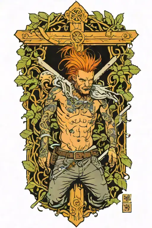 man with orange hair and blistered face riding collared peccary on a crucifix with a gun in jungle tattoo design idea