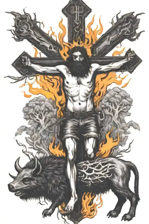 a crucifix with a man that has hair on fire and backwords feet, riding a collared peccary holding a gun in the forest tattoo design idea