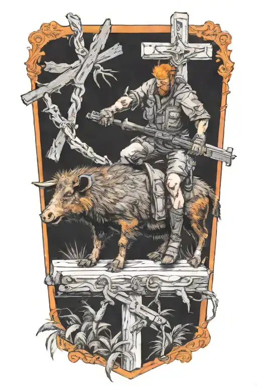 man with orange hair and blistered face riding collared peccary on a crucifix with a gun in jungle tattoo design idea