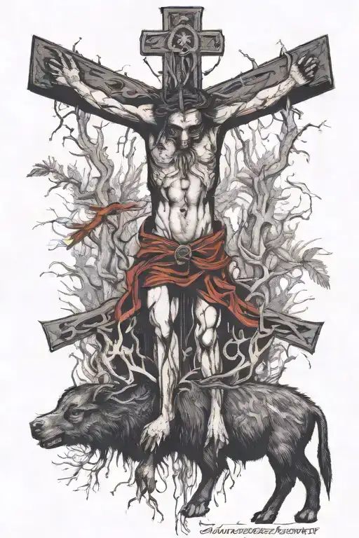 a crucifix with a man that has hair on fire and backwords feet, riding a collared peccary holding a gun in the forest tattoo design idea