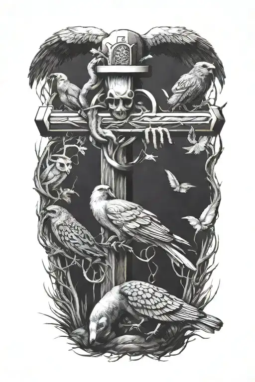 cross surrounded by animals tattoo design idea