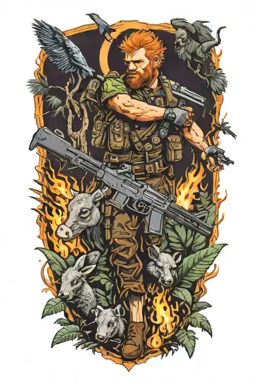 man with orange hair on fire on a crucifix riding a collared peccary while holding a gun in the jungle tattoo design idea