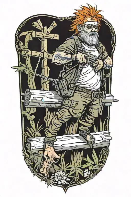 man with orange hair and blistered face riding collared peccary on a crucifix with a gun in jungle tattoo design idea