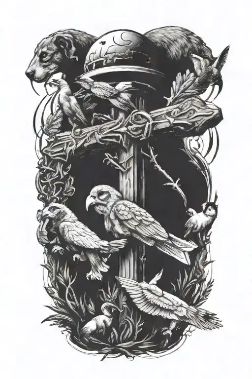 cross surrounded by animals tattoo design idea