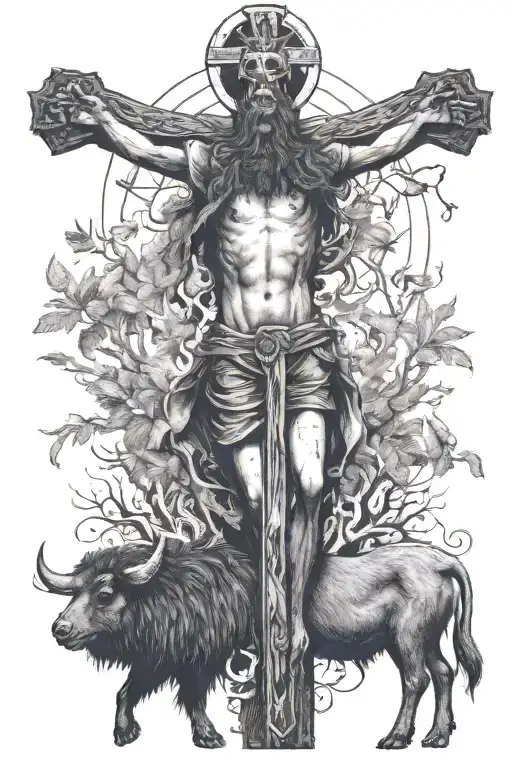 a crucifix with a man that has hair on fire and backwords feet, riding a collared peccary holding a gun in the forest tattoo design idea