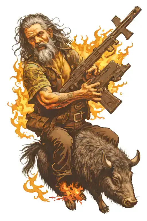 man that has hair on fire, holding gun, riding a collared peccary with crucifix in background tattoo design idea