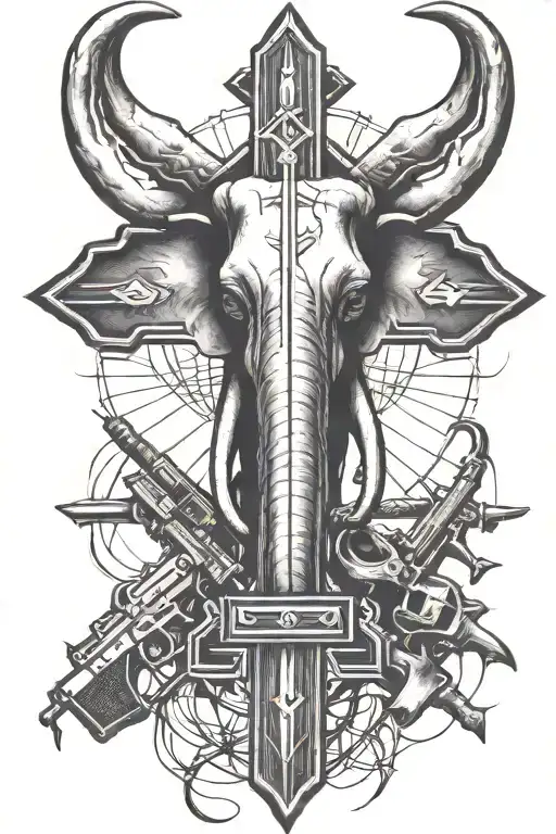 elephant horns surrounding a crucifix and guns inside Africa tattoo design idea