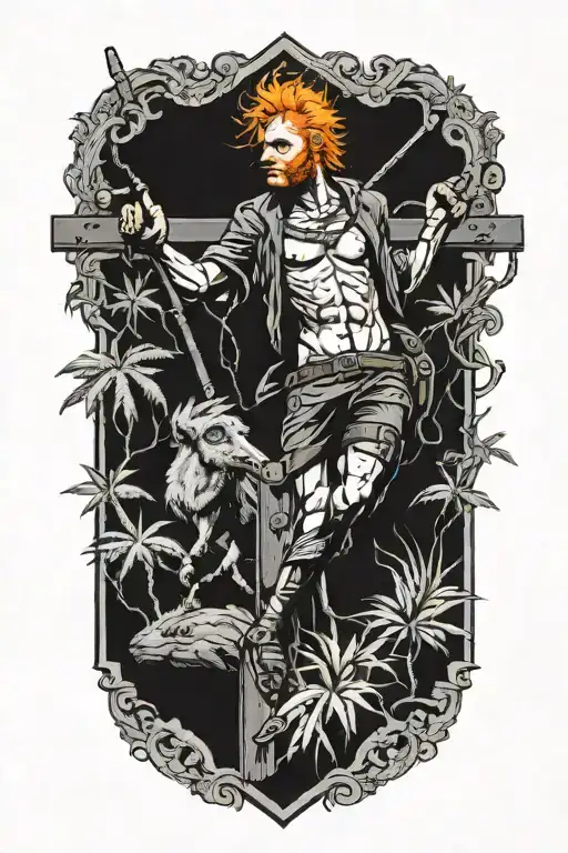 man with orange hair and blistered face riding collared peccary on a crucifix with a gun in jungle tattoo design idea