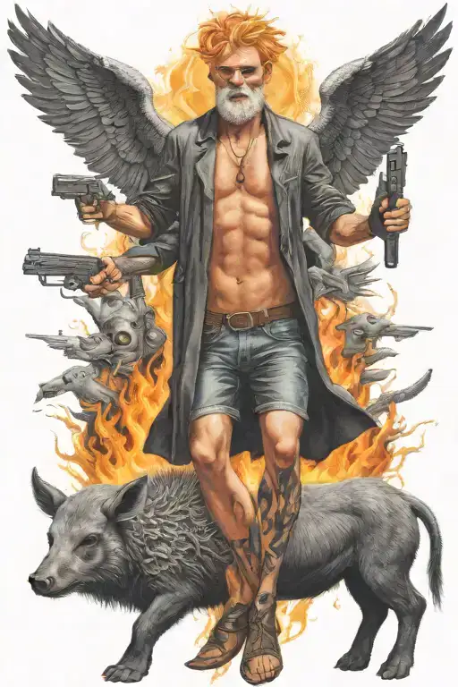 a crucifix and a man that has orange hair on fire and has feet facing backward, riding a collared peccary holding a gun  tattoo design idea