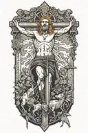man with orange hair and blistered face riding collared peccary on a crucifix with a gun in jungle tattoo design idea