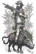 a man with fire for hair and backwords feet, riding a collared peccary holding a gun in the forest on a crusifix tattoo design idea