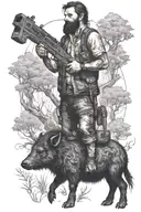 a man with fire for hair and backwords feet, riding a collared peccary holding a gun in the forest on a crusifix tattoo design idea