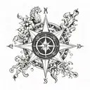 A compass rose surrounded by different animal footprints tattoo design idea