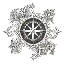 A compass rose surrounded by different animal footprints tattoo design idea