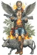 a crucifix and a man that has hair on fire and has backwords feet, riding a collared peccary holding a gun in the forest tattoo design idea