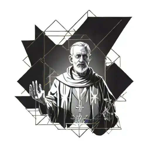 A detailed portrait of a priest offering mass, with rays of light shining down from above, representing a connection to God tattoo design idea