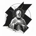 A detailed portrait of a priest offering mass, with rays of light shining down from above, representing a connection to God tattoo design idea