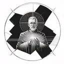 A detailed portrait of a priest offering mass, with rays of light shining down from above, representing a connection to God tattoo design idea
