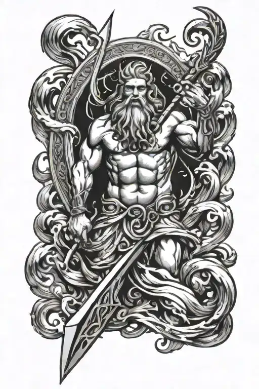 Poseidon holding trident with waves flowing tattoo design idea