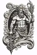 Poseidon holding trident with waves flowing tattoo design idea