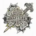 cross with the name elizabeth written in it in cursive tattoo design idea