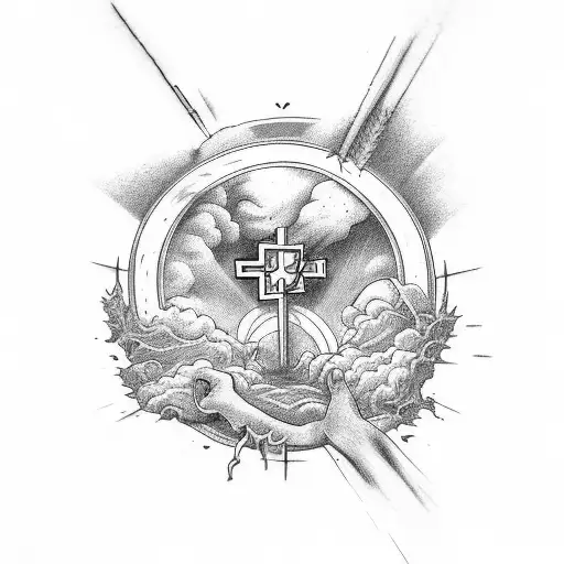 cross with words "Halfway to heaven or hell?" tattoo design idea