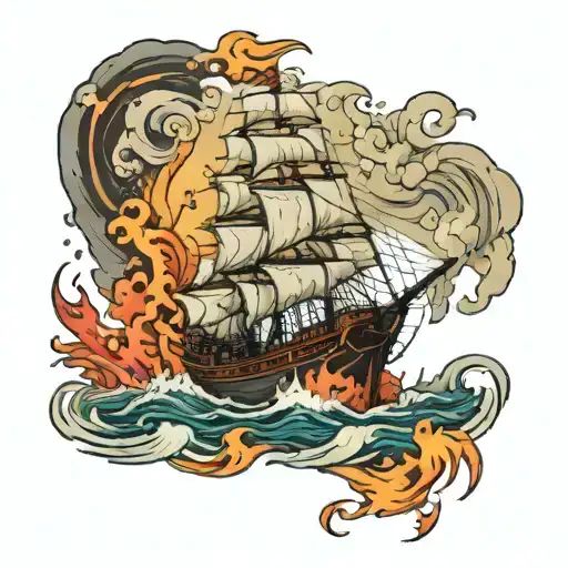 sea ​​ship volcano tattoo design idea