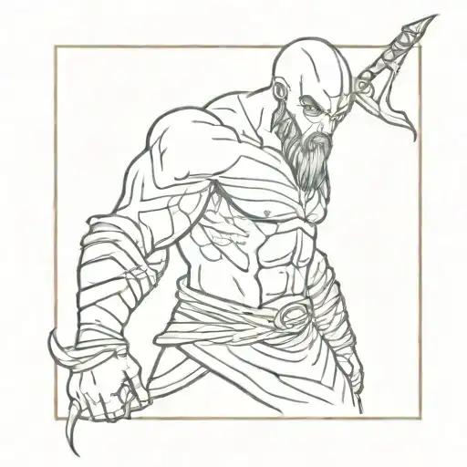 A minimalist design of Kratos from God of War battling a mythical creature tattoo design idea