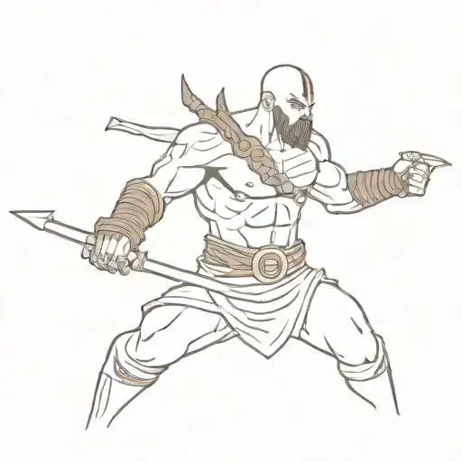 A minimalist design of Kratos wielding his iconic weapons in a powerful stance tattoo design idea