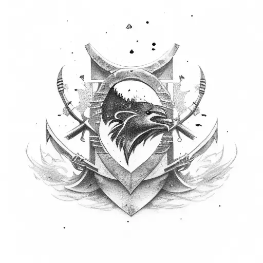 A rune-covered battlefield with fallen warriors and ravens overhead tattoo design idea