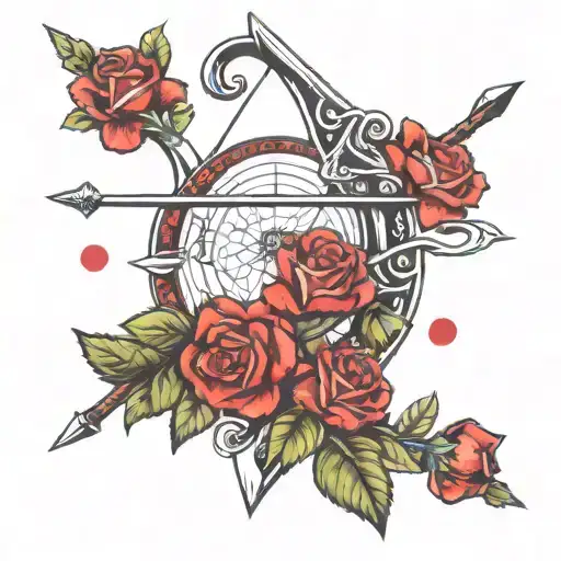 bow and arrow with rubies and red roses on it tattoo design idea
