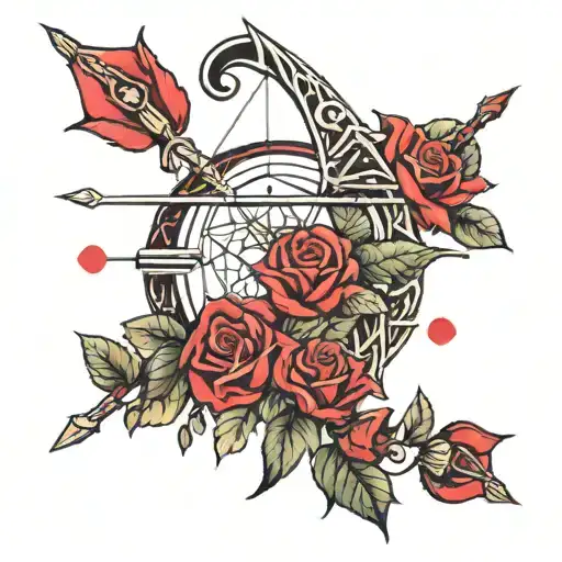 bow and arrow with rubies and red roses intertwined tattoo design idea