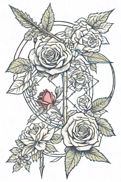 bow and arrow, ruby, red rose intertwined tattoo design idea