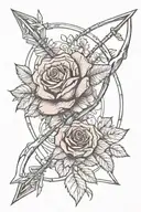 bow and arrow, ruby, red rose intertwined tattoo design idea