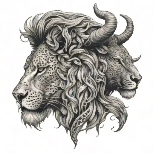 An intricate design of a lion and a long horned steer facing off, representing strength and resilience tattoo design idea