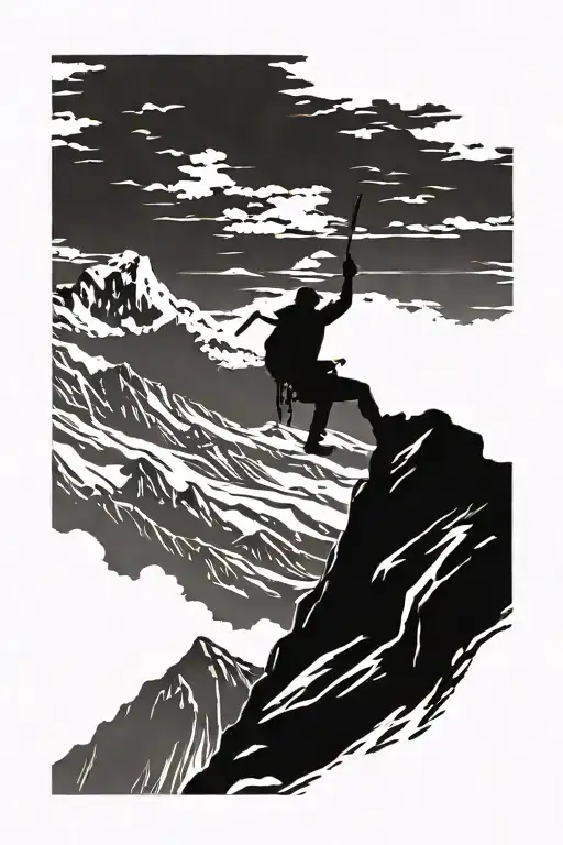 A silhouette of a mountain climber reaching the summit with a hawk soaring above, symbolizing freedom and achievement tattoo design idea