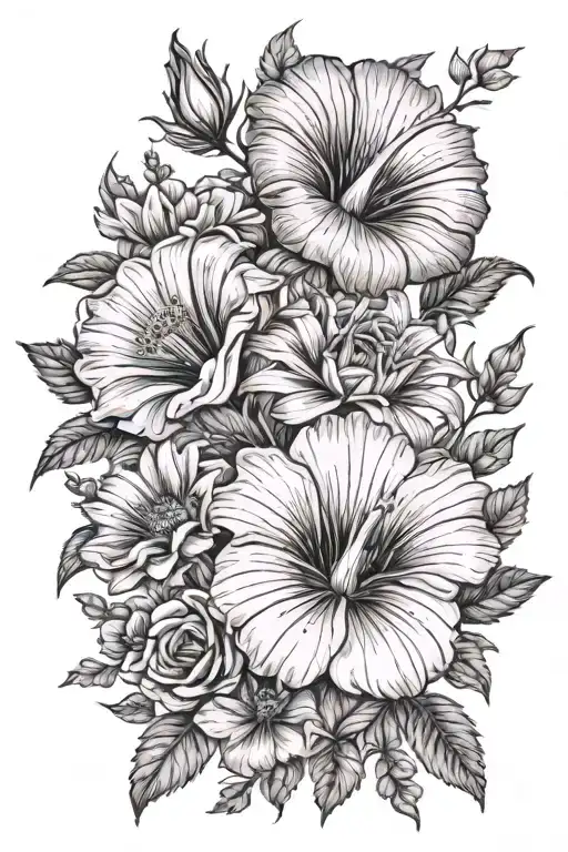 morning glory flower and aster flower bouquet fine line tattoo design idea