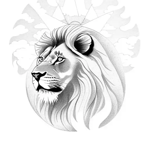 lion and clouds with sun rays and trees at bottom  tattoo design idea