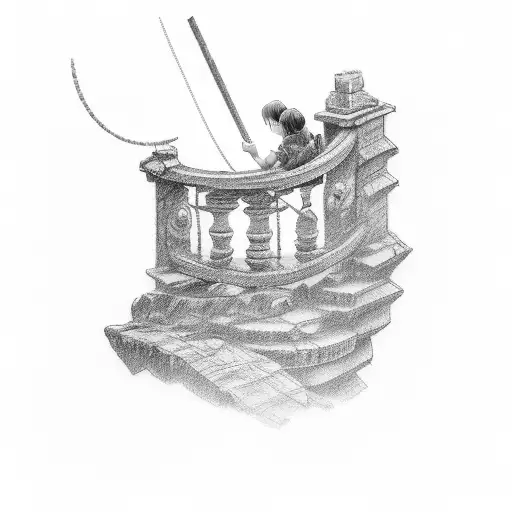 Tattoo sleeve, young boy watching grown man in ugly clothes climbing on stairs and on top of stairs there is grown man i tattoo design idea