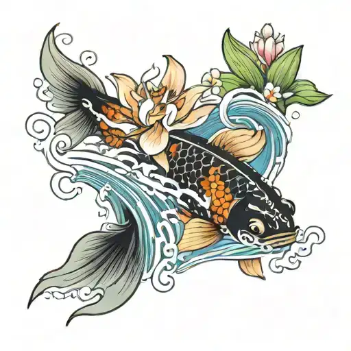 stream with lilies and a black koi fish swimming upstream tattoo design idea