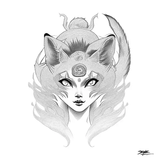 Geisha with a nine tailed fox wrapped around her tattoo design idea