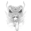 Geisha with a nine tailed fox wrapped around her holding a fox mask tattoo design idea