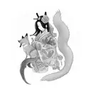 Geisha with a nine tailed fox wrapped around her holding a fox mask tattoo design idea