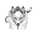 Geisha with a nine tailed fox wrapped around her holding a fox mask tattoo design idea