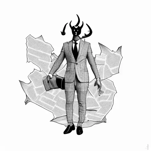 full human shaped body with a suit on with a fully black face with devil horns, standing with newspaper tattoo design idea