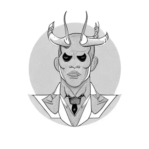 Black human shaped body with a suit on with a fully black face with devil horns, the character is standing and holding t tattoo design idea