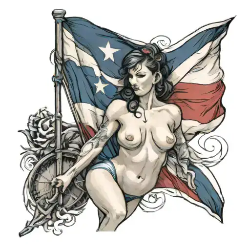 nude pinup with Rhode Island flag tattoo design idea