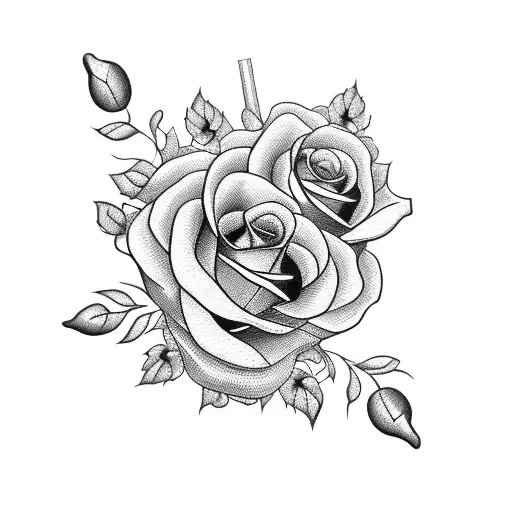 A blackwork tattoo of a barber pole entwined with roses tattoo design idea